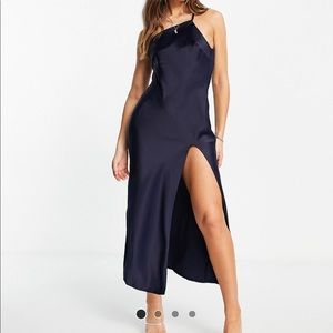 ASOS one shoulder navy blue slip dress